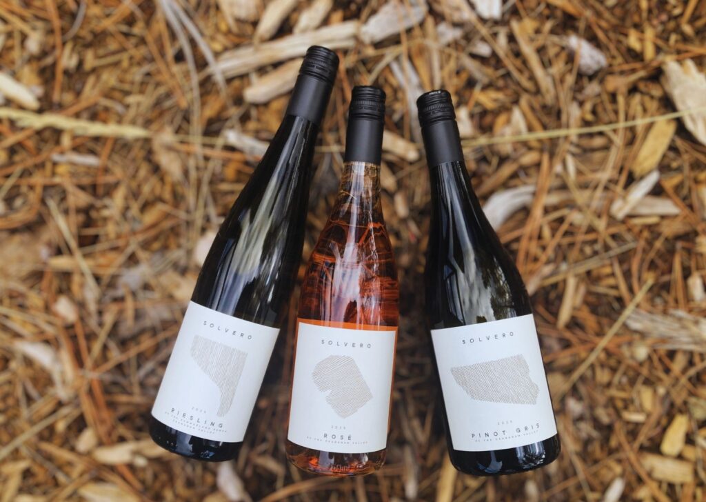 Solvero Wines 2025 Riesling, 2025 Rose, 2025 Pinot Gris from Summerland on a mulched ground